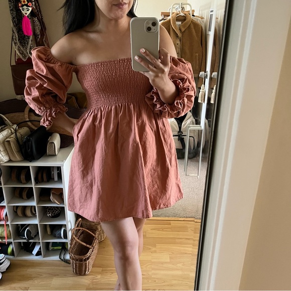 Kourt Portia Linen Flax Rust Burnt Orange Smocked Puff Sleeve Mini Dress Sz S - Picture 6 of 11